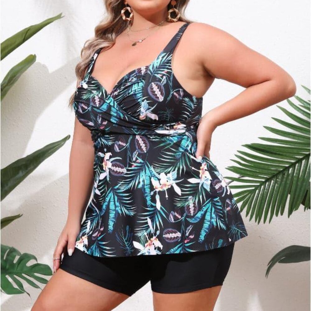 Hanna Nikole Black Floral Cross Over Ruched Padded Tankini Shorts Set Size 20W
